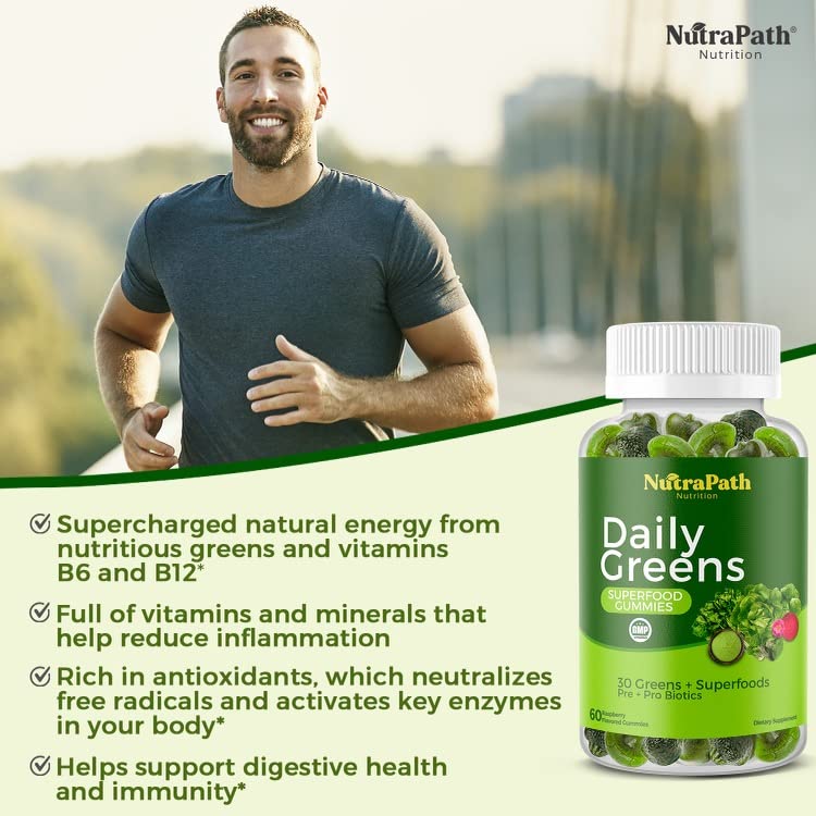 Healthy greens and berries imagery for SuperGreens gummies