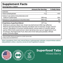 Superfood Tabs bloating relief pack portrays convenient daily detox.