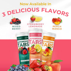 Superfood Tabs packaging shot—gluten-free, vegan, non-GMO formulation emphasis.