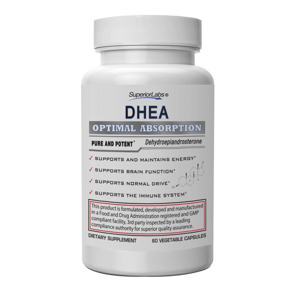 Front view of Superior Labs DHEA 100 mg bottle with 60 veggie capsules
