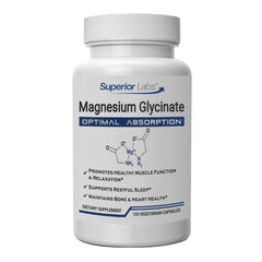 Front view of Superior Labs Magnesium Glycinate 1250 mg bottle