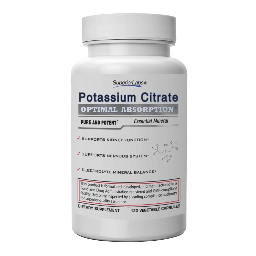 Bottle of Superior Labs Potassium Citrate 100 mg vegan capsules