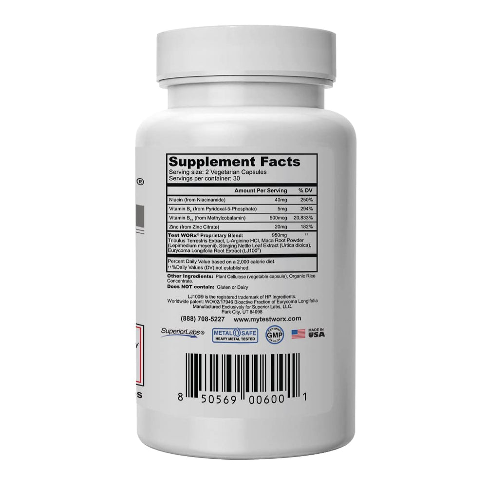 Superior Labs Test Worx ingredient list highlights LJ100 and eight proven components