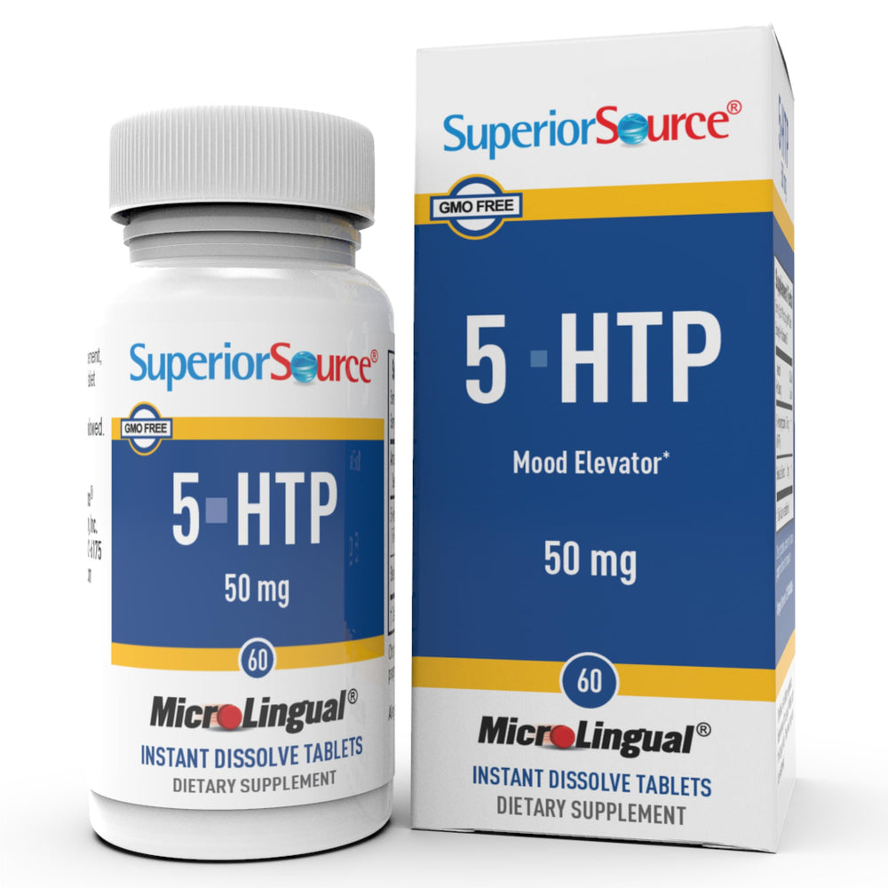 Front view of Superior Source 5-HTP 50 mg bottle