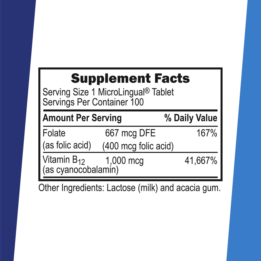 Supplement bottle labeled No Shot B-12 and Folic Acid