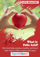 Icons illustrating energy, brain, heart support from B-12 and folic acid