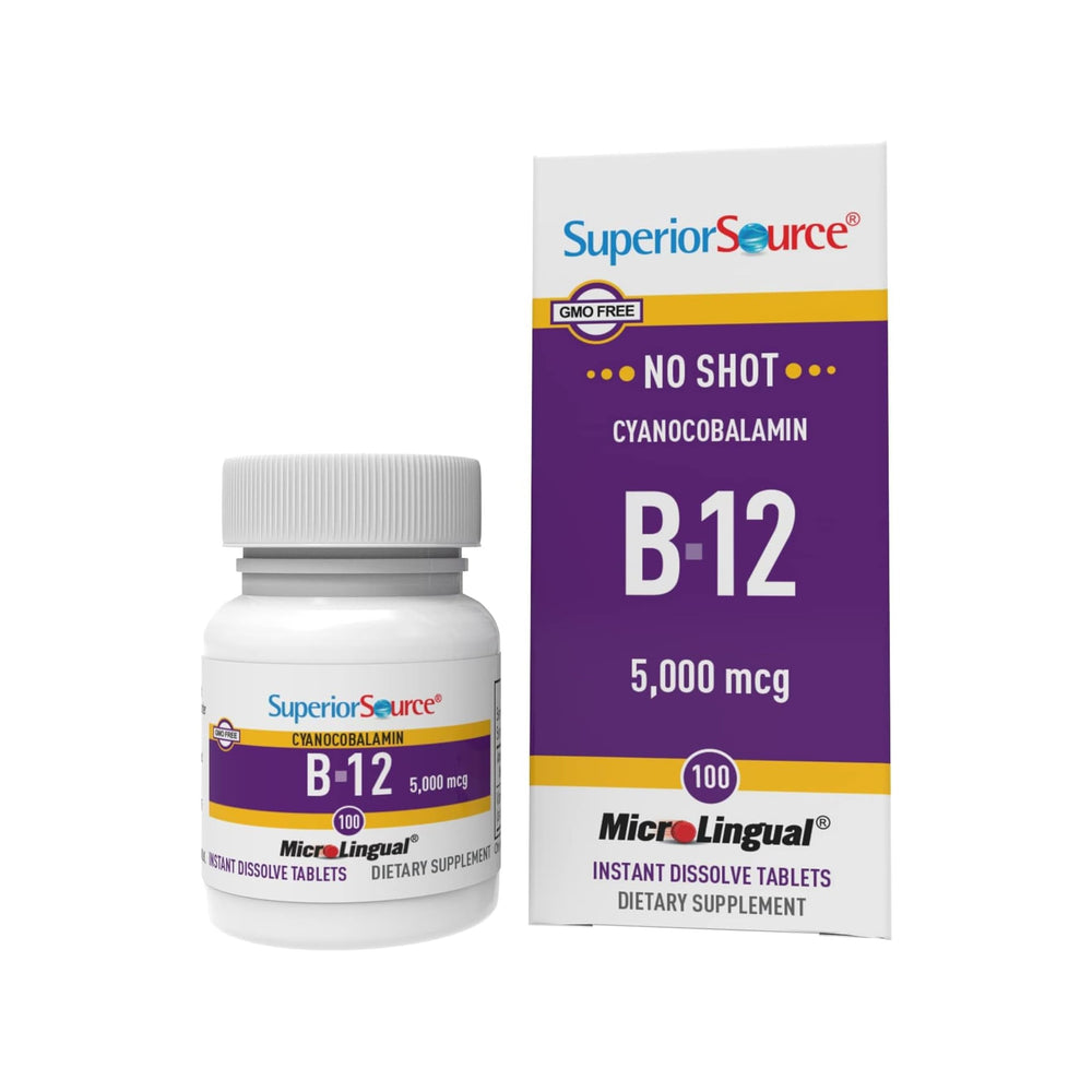 Front view of Superior Source No Shot B-12 5000 mcg Sublingual Tablets packaging