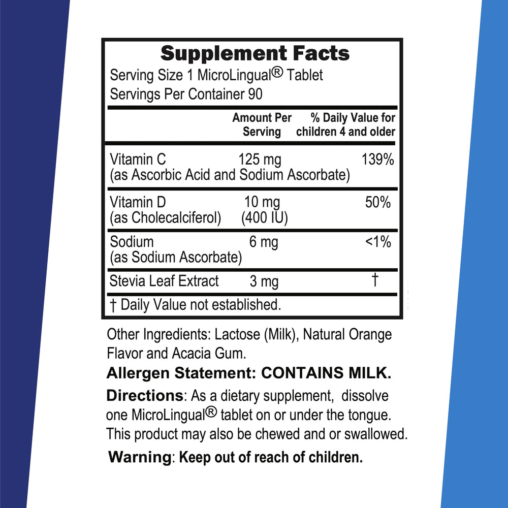 Graphic displaying 125 mg vitamin C and 10 mg vitamin D3 per tablet