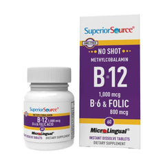 Bottle of Superior Source No Shot B-12 Methylcobalamin 1000 mcg tablets