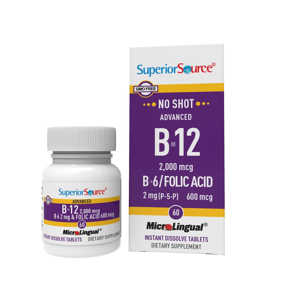 Box and bottle of Superior Source NO SHOT Advanced B12 B6 Folic Acid tablets
