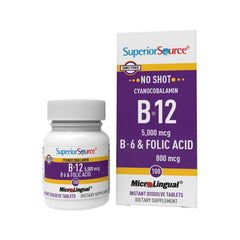 Packaging of Superior Source No Shot B12 B6 Folic Acid 800 mcg tablets