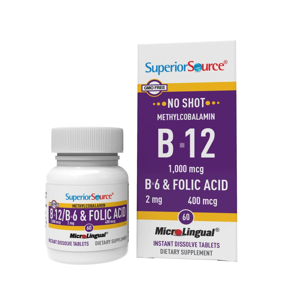 Bottle of Superior Source No Shot B-12 Methylcobalamin 1000 mcg sublingual tablets