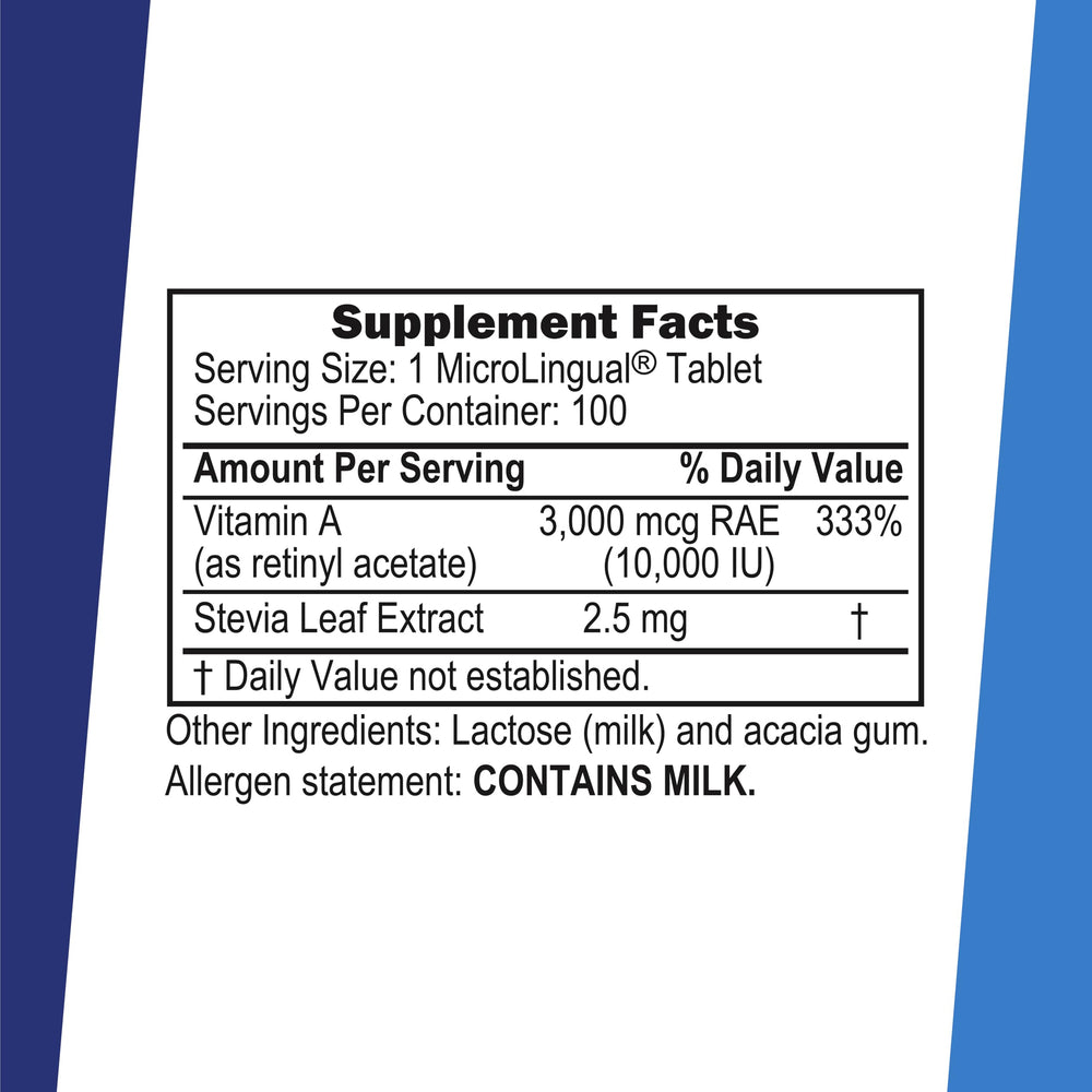 Vitamin A supplement label with non-GMO and gluten-free claims