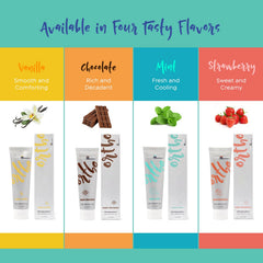 Assorted flavors of SuperMouth Ortho Toothpaste: Smooth Vanilla, Creamy Strawberry, Decadent Chocolate, Fresh Mint