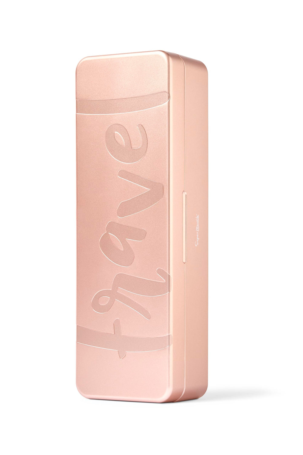 Open rose gold SuperMouth Ultim8 Travel SmartCase showing compartments for SmartBrush, toothpaste, and floss.