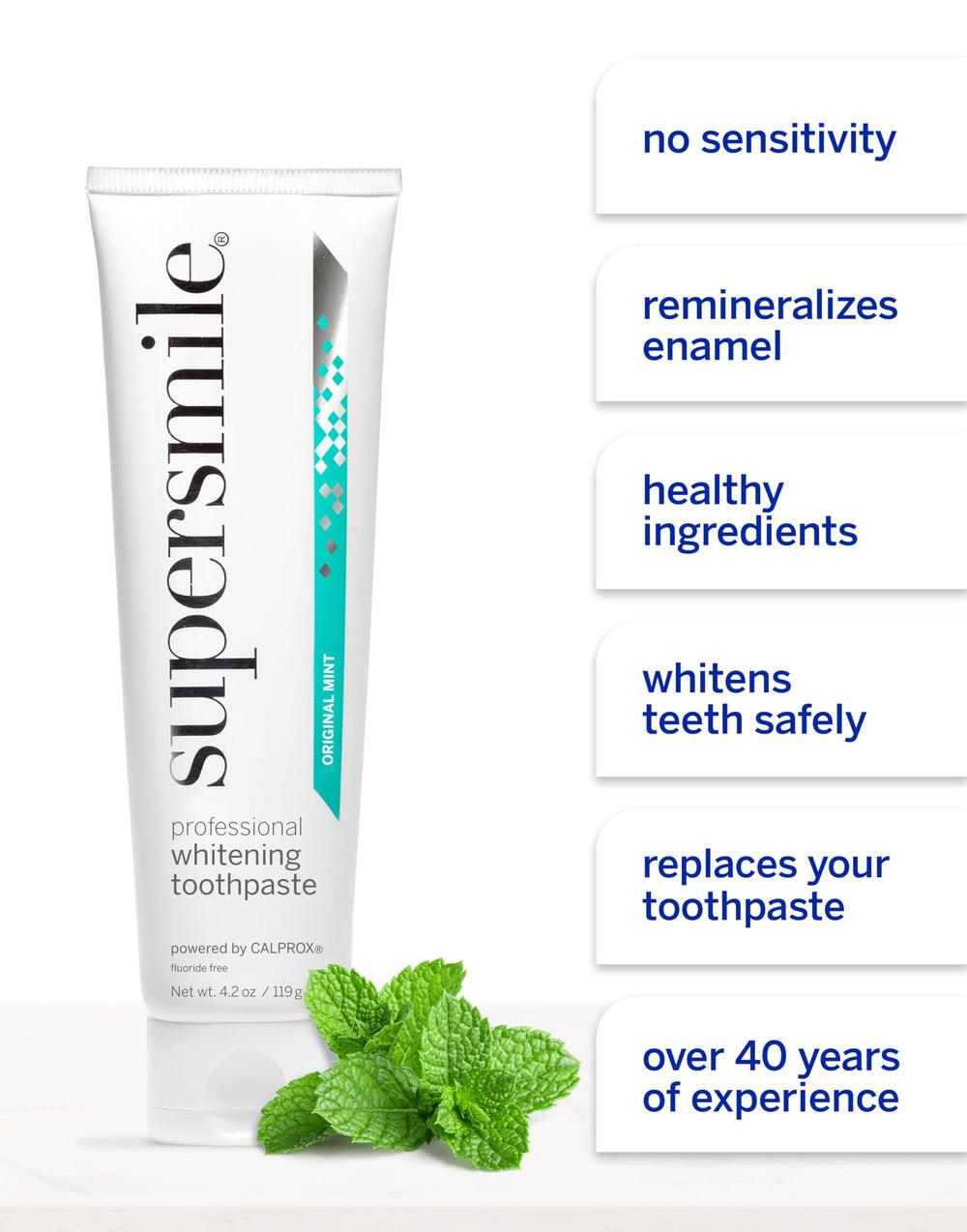 Close-up of toothpaste packaging highlighting enamel-safe fluoride-free formula