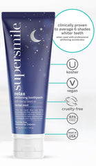 Label highlighting Kosher and USA Made for Supersmile Relax