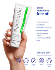 Label and ingredients on Supersmile Wild Mint toothpaste tube