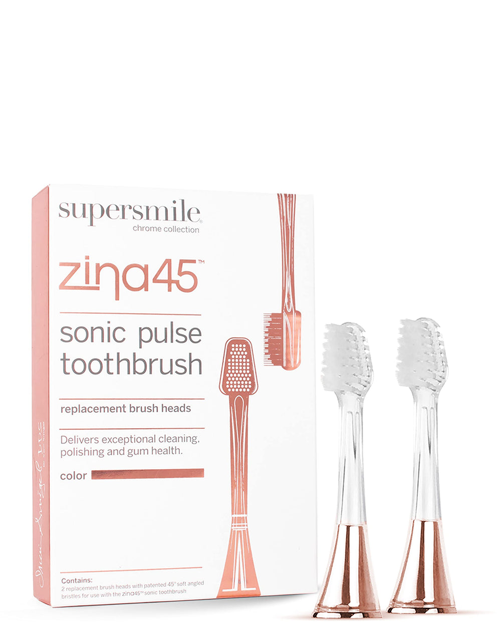 Supersmile Zina45 replacement brush heads in rose gold packaging