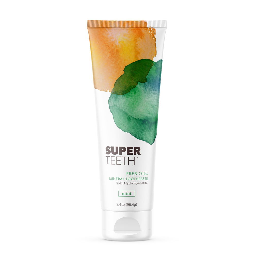 Front view of SuperTeeth Mint Prebiotic Mineral Toothpaste tube
