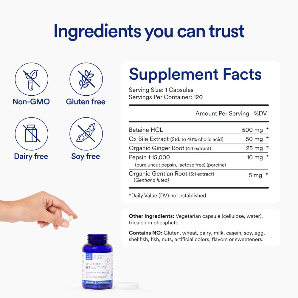Supplement facts label for Betaine HCl with Pepsin and Ox Bile
