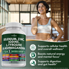 Capsules close-up containing selenium, zinc, iodine, L-Tyrosine and Ashwagandha