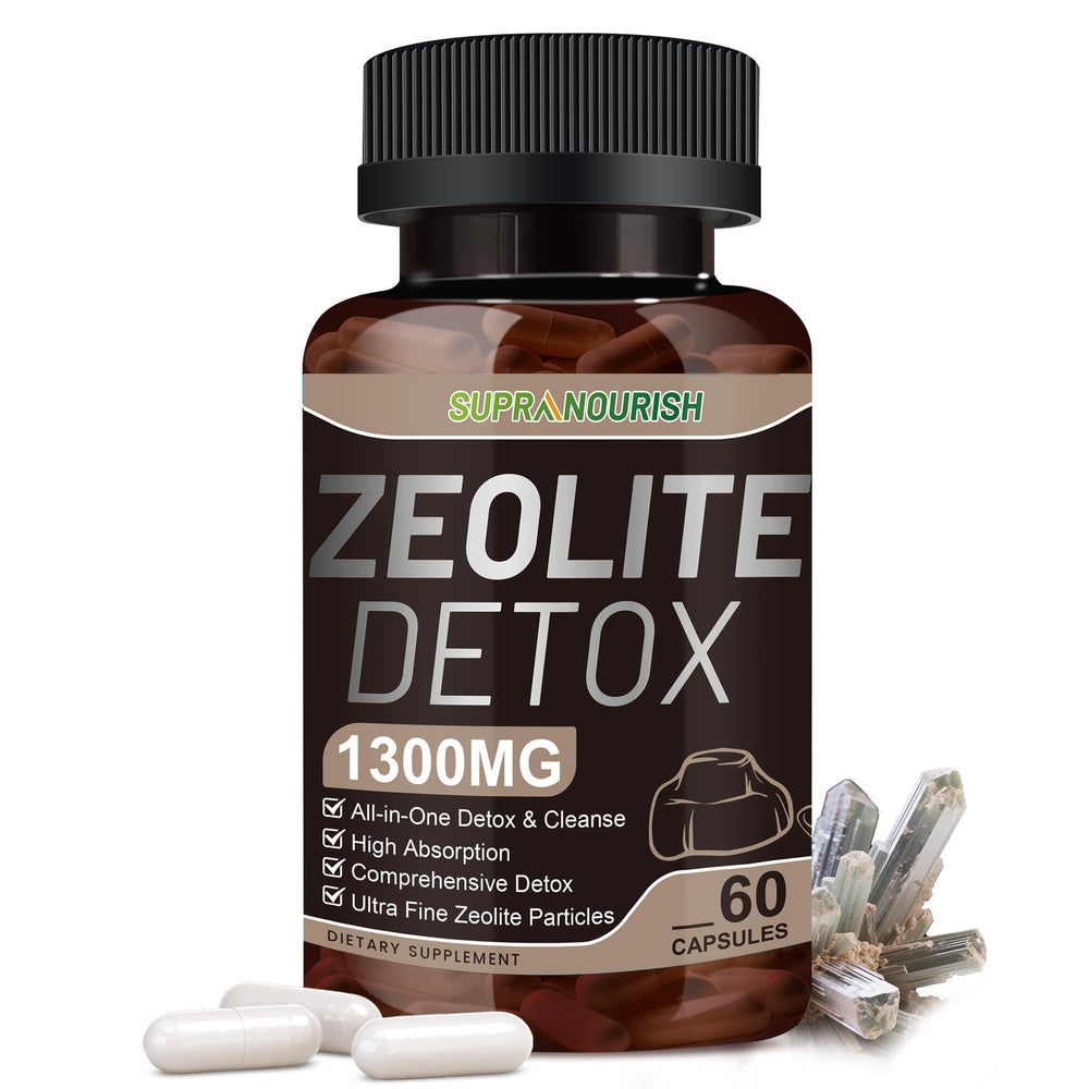 SUPRANOURISH Zeolite Detox Capsules bottle close-up for daily detox support.