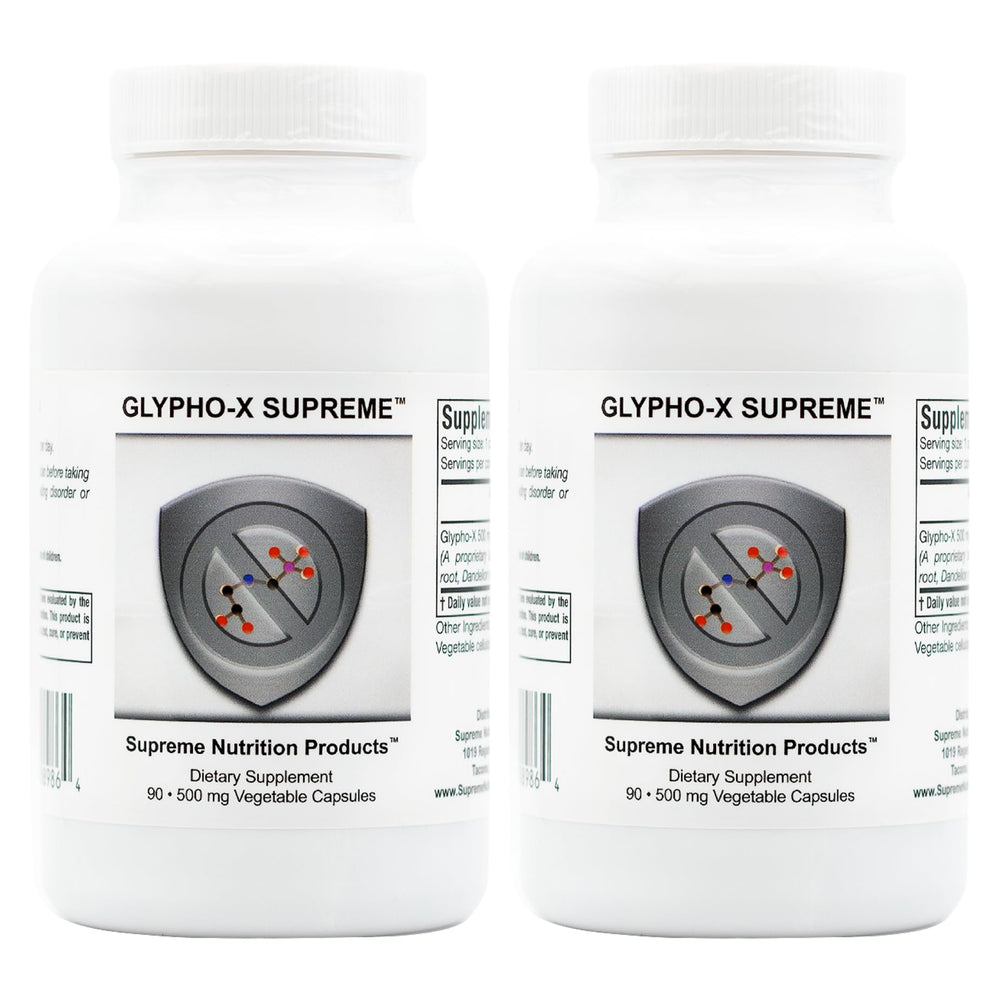Supreme Nutrition Glypho-X Supreme bottle highlighting herbal blend for daily wellness.