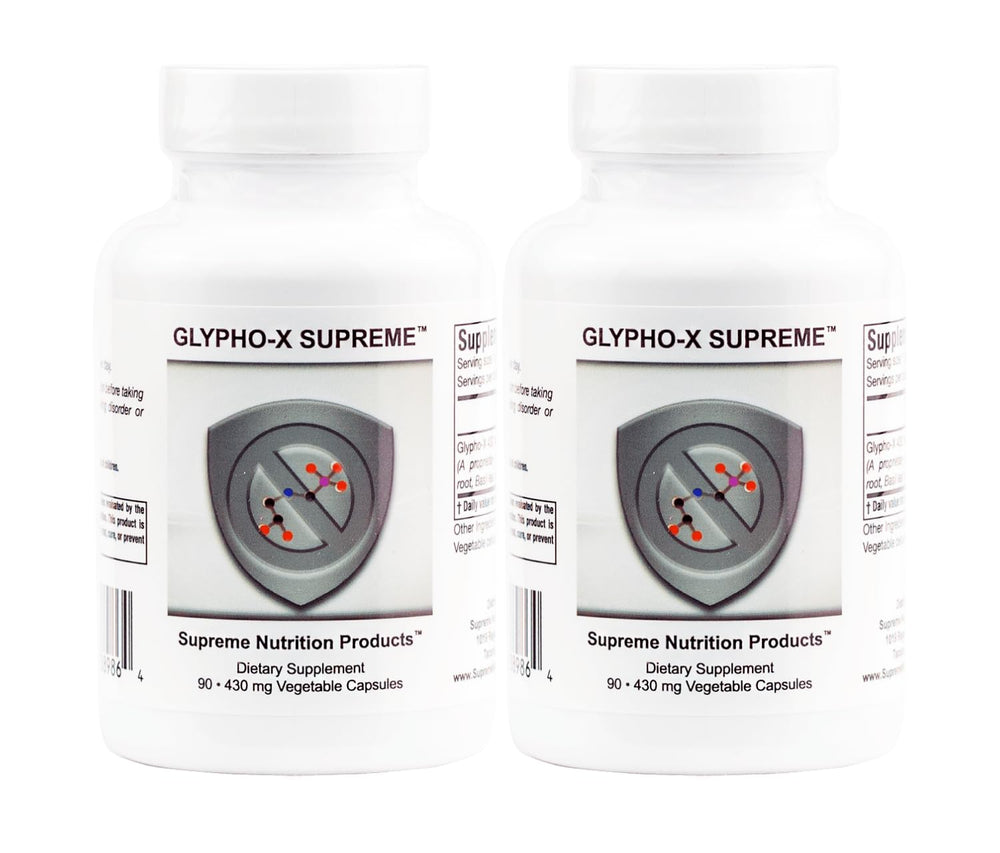 Supreme Nutrition Glypho-X Supreme bottle highlighting herbal blend for daily wellness.