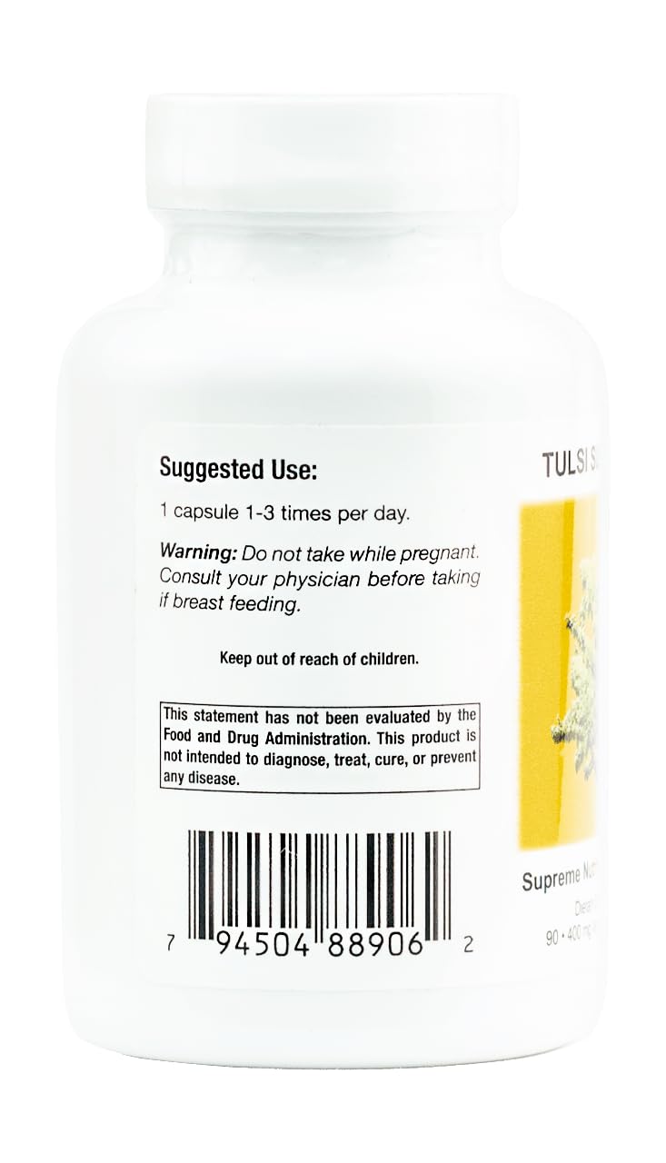 Open bottle with multiple Supreme Nutrition Tulsi Supreme capsules spilling, convenient 90-count