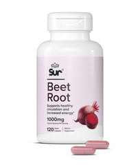 Bottle of Sur Organic Beet Root Capsules 1000mg on white background
