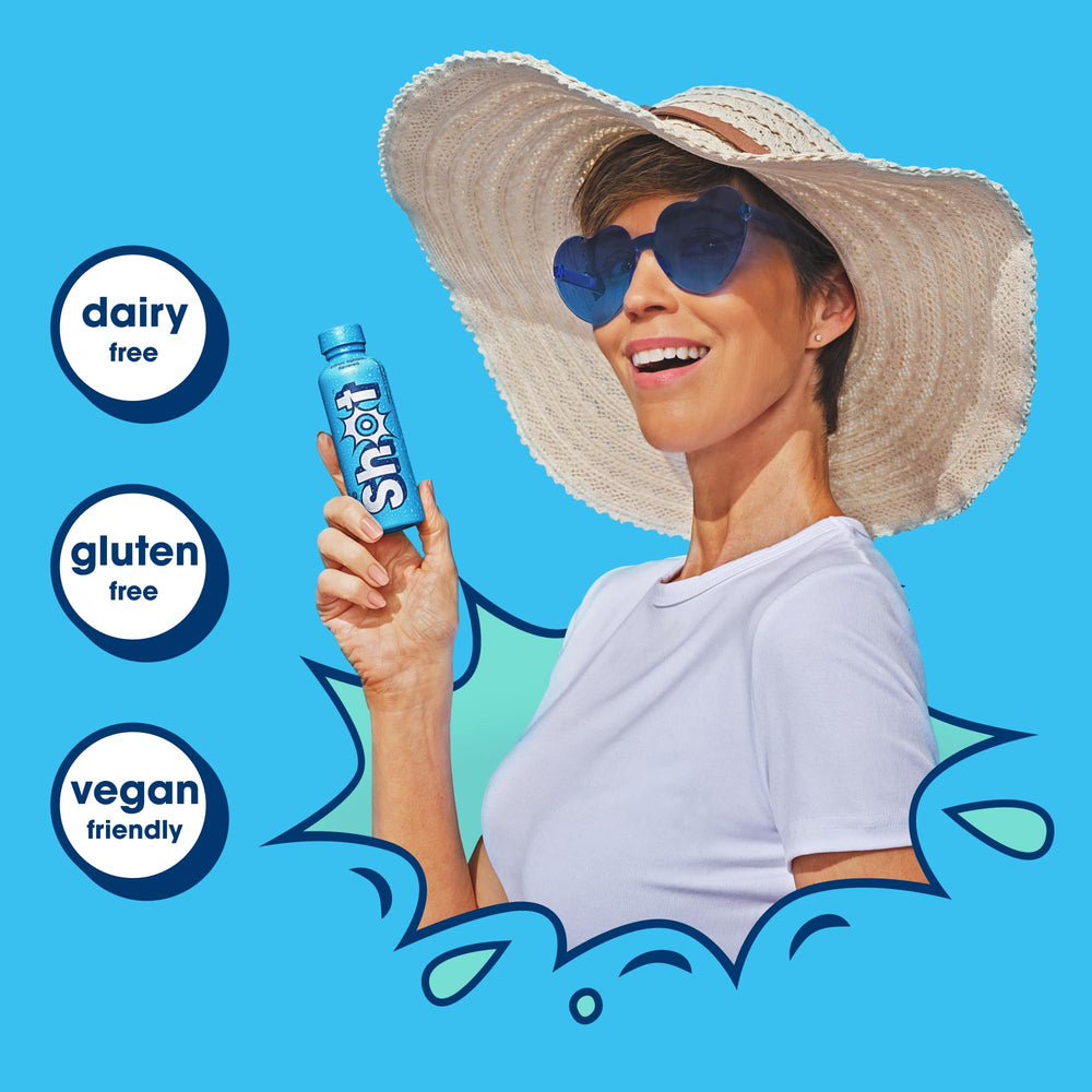 Sure Shot Recovery Drink Citrus Splash ingredients visual showing no sugar and vitamins.