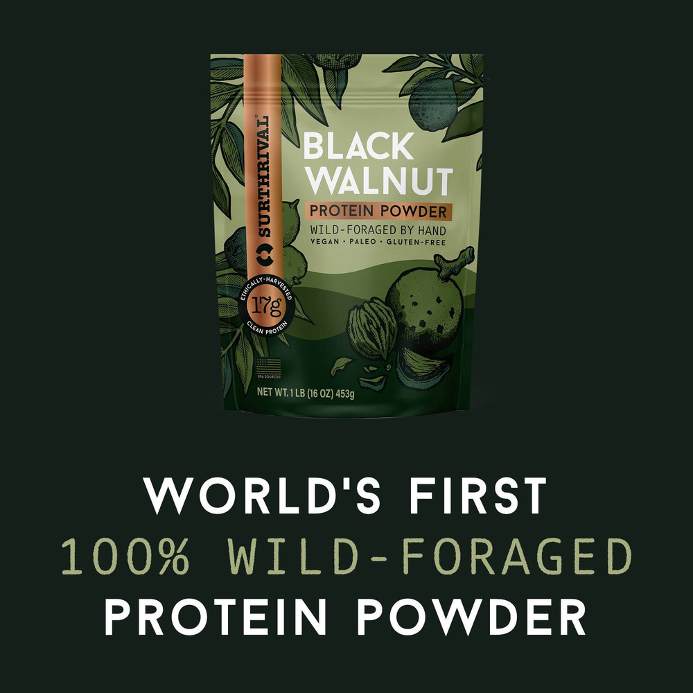 Surthrival Black Walnut Protein Powder in smoothie—creamy nutty texture adds protein.