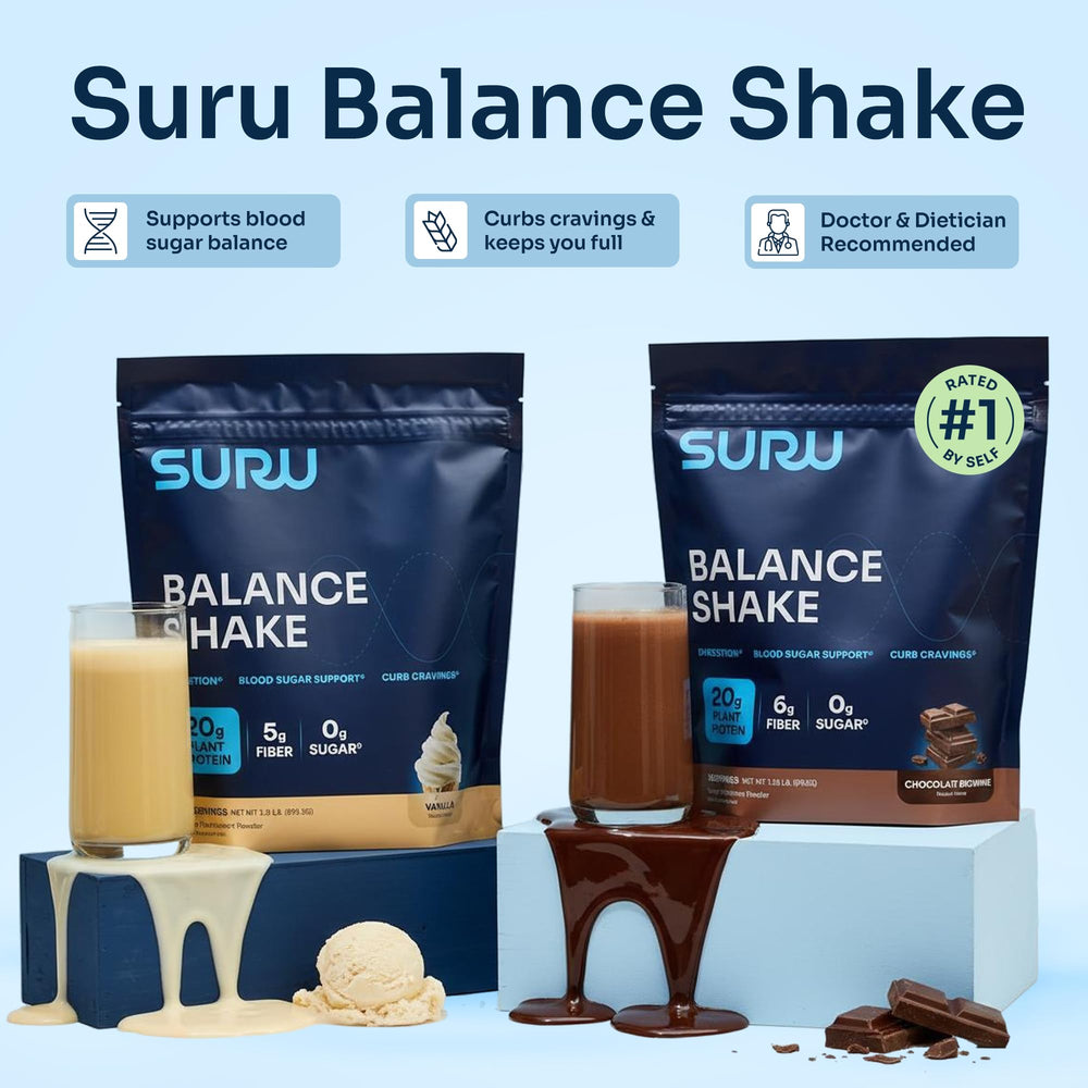 Suru Balance Shake powder bag emphasizes 20g protein for fullness