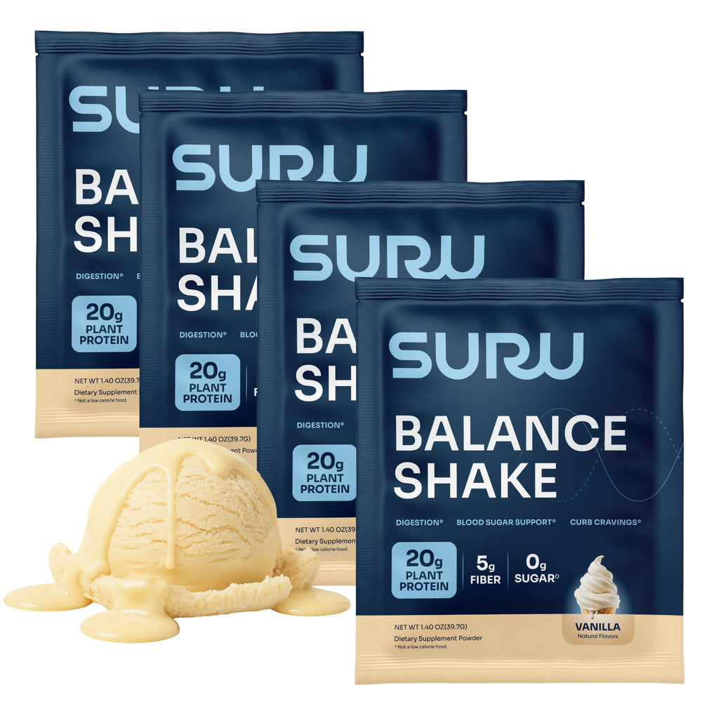 Suru Balance Shake vanilla flavor tub with label showing 20g protein and 140 calories