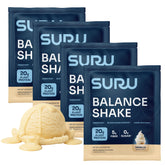 Suru Balance Shake vanilla flavor tub with label showing 20g protein and 140 calories