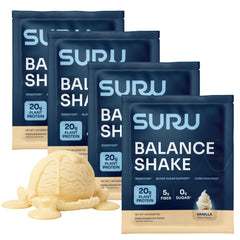 Suru Balance Shake vanilla flavor tub with label showing 20g protein and 140 calories