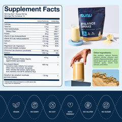 Suru Balance Shake vanilla container with scoop beside it