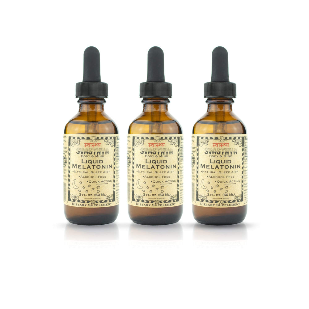 Svasthya Liquid Melatonin bottles with 3-pack packaging