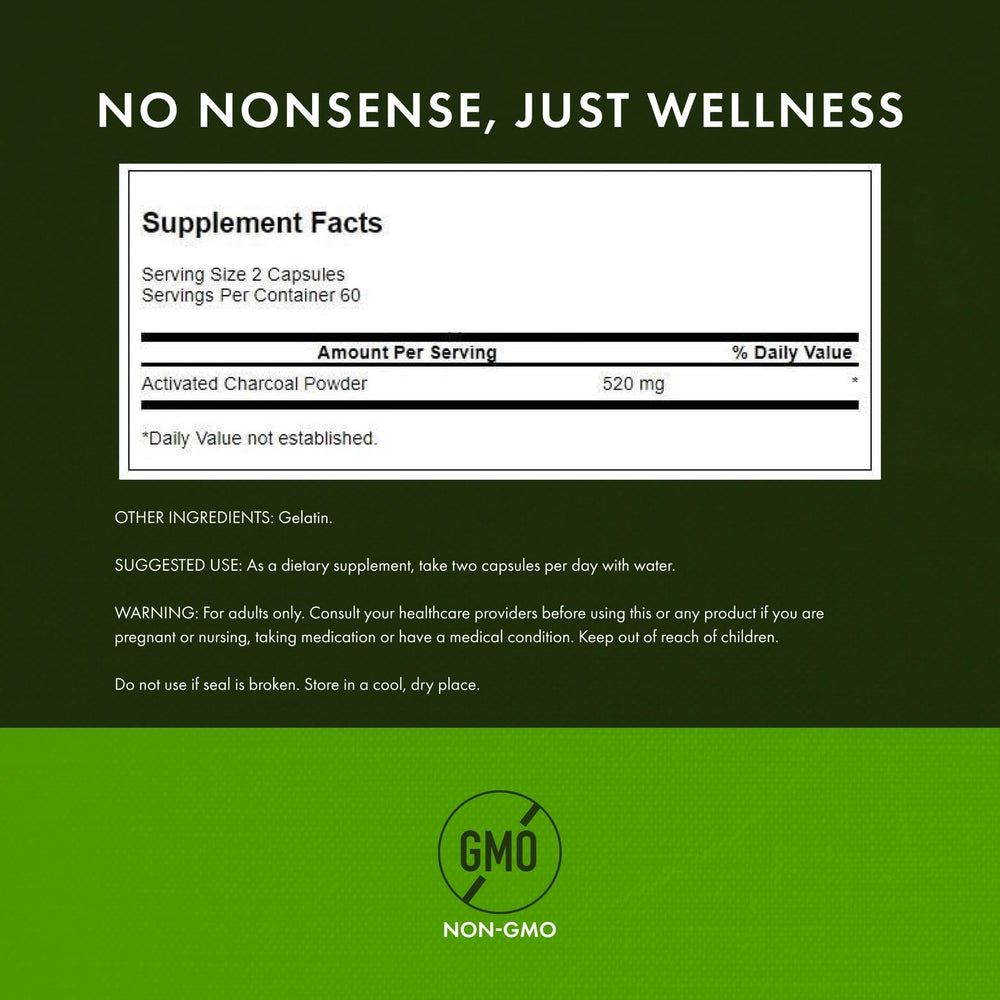 Close-up of Swanson Activated Charcoal bottle front label