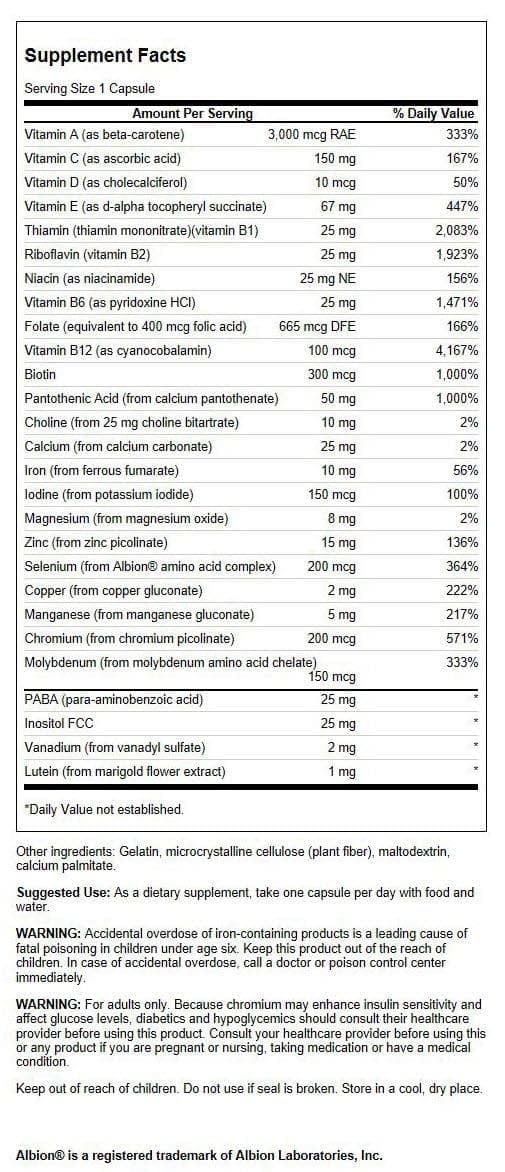 Close-up of Swanson Active One label highlighting iron and GMP certification