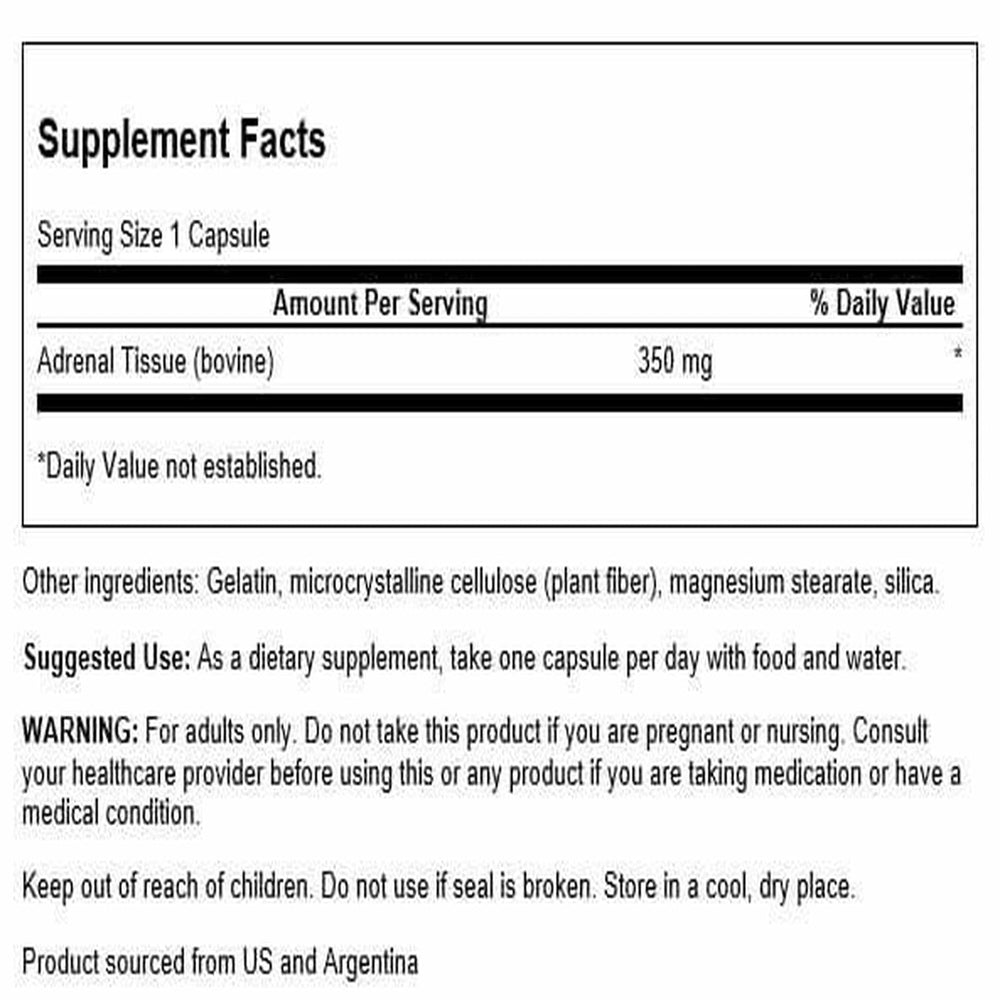 Close-up of Swanson Adrenal Glandular 350 mg label