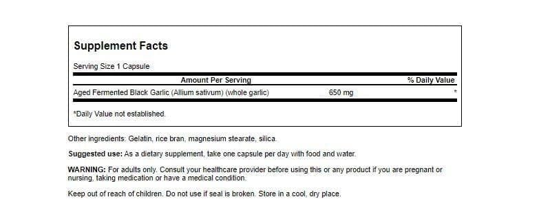 Swanson Aged Black Garlic 650 mg 30 Caps bottle - back label and capsules