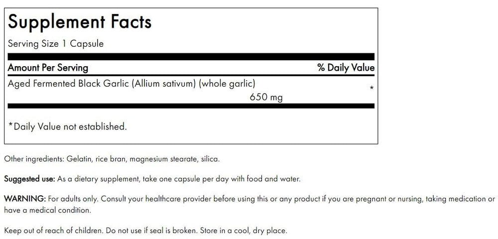 Close-up of Swanson Aged Black Garlic 650 mg capsules