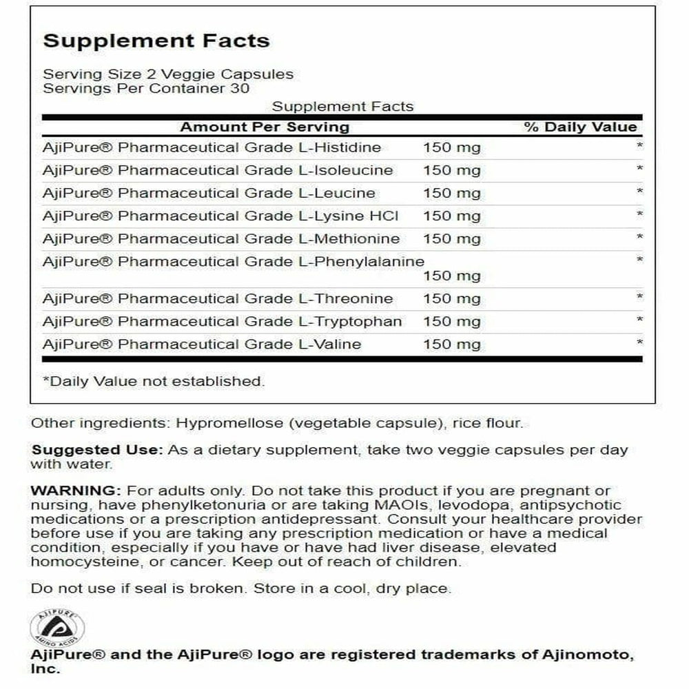 Ingredients list for Swanson Ajipure 9 essential amino acids formula