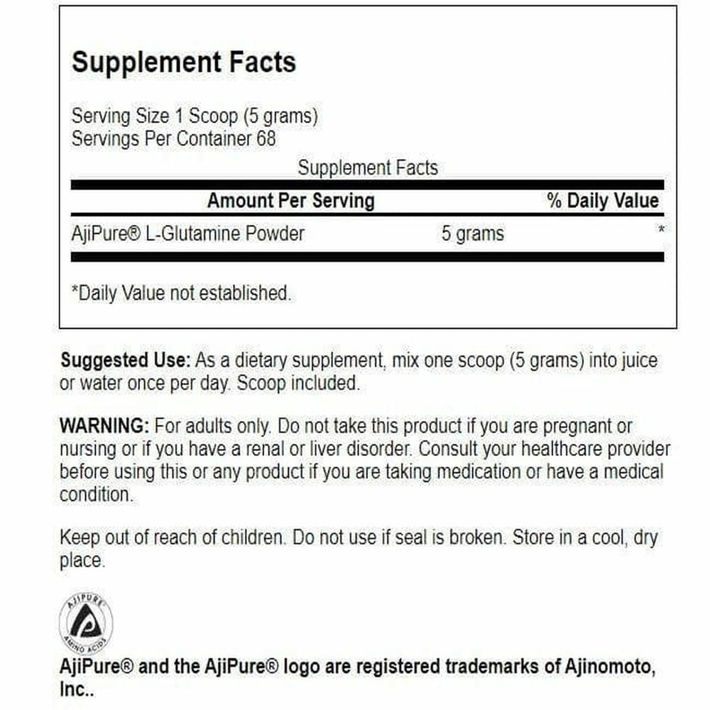 Close-up of Ajipure L-Glutamine powder with scoop
