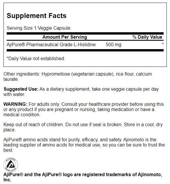 Close-up image of Swanson AjiPure L-Histidine 500 mg capsules
