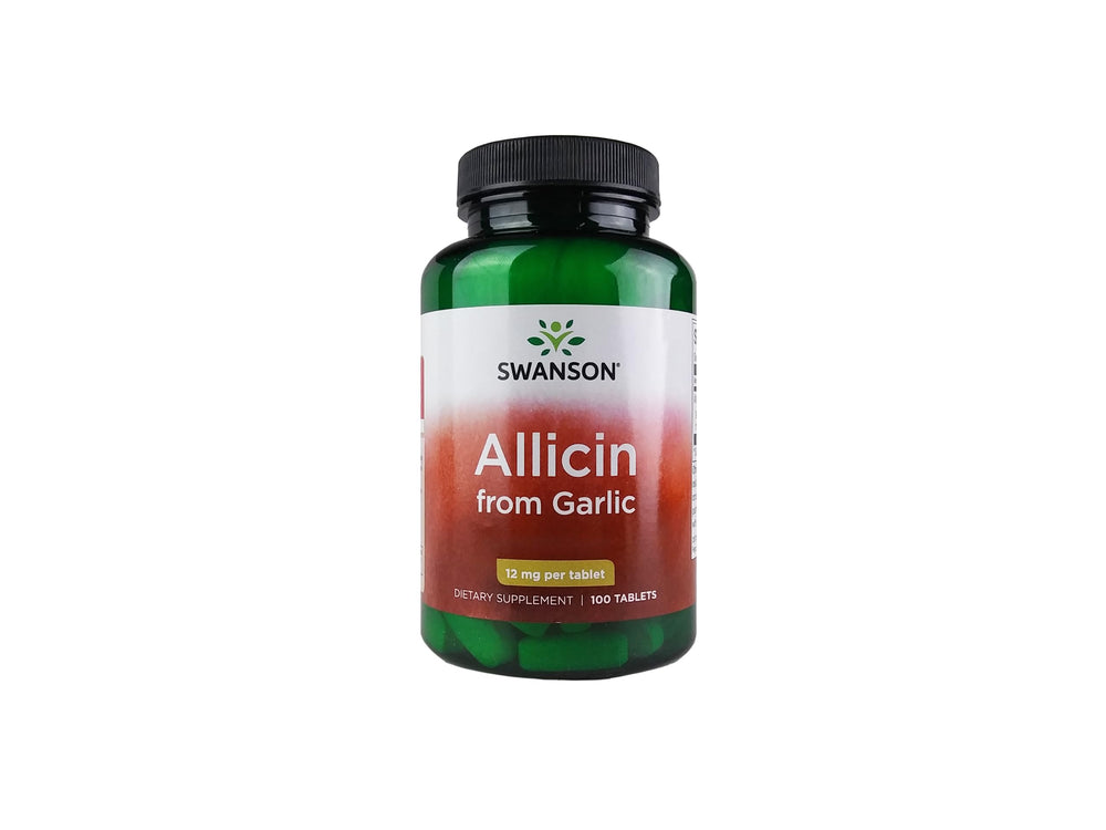 Swanson Allicin 12mg tablet close-up shows high allicin concentration for daily support.