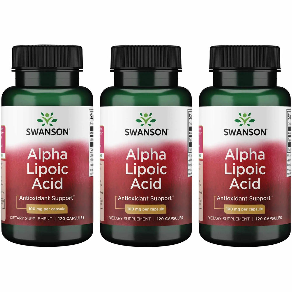 Front view of Swanson Alpha Lipoic Acid 3-pack bottle