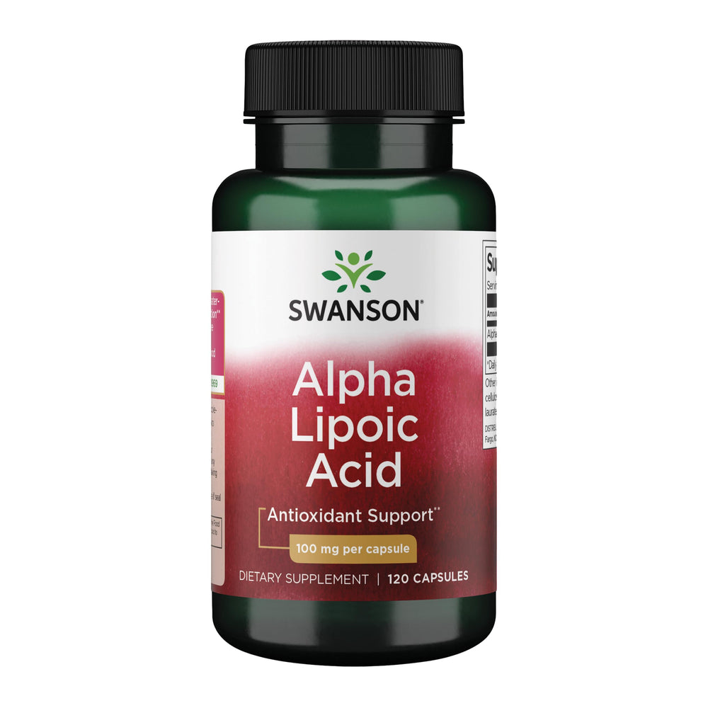 Front view of Swanson Alpha Lipoic Acid bottle with 120 capsules, 100 mg each